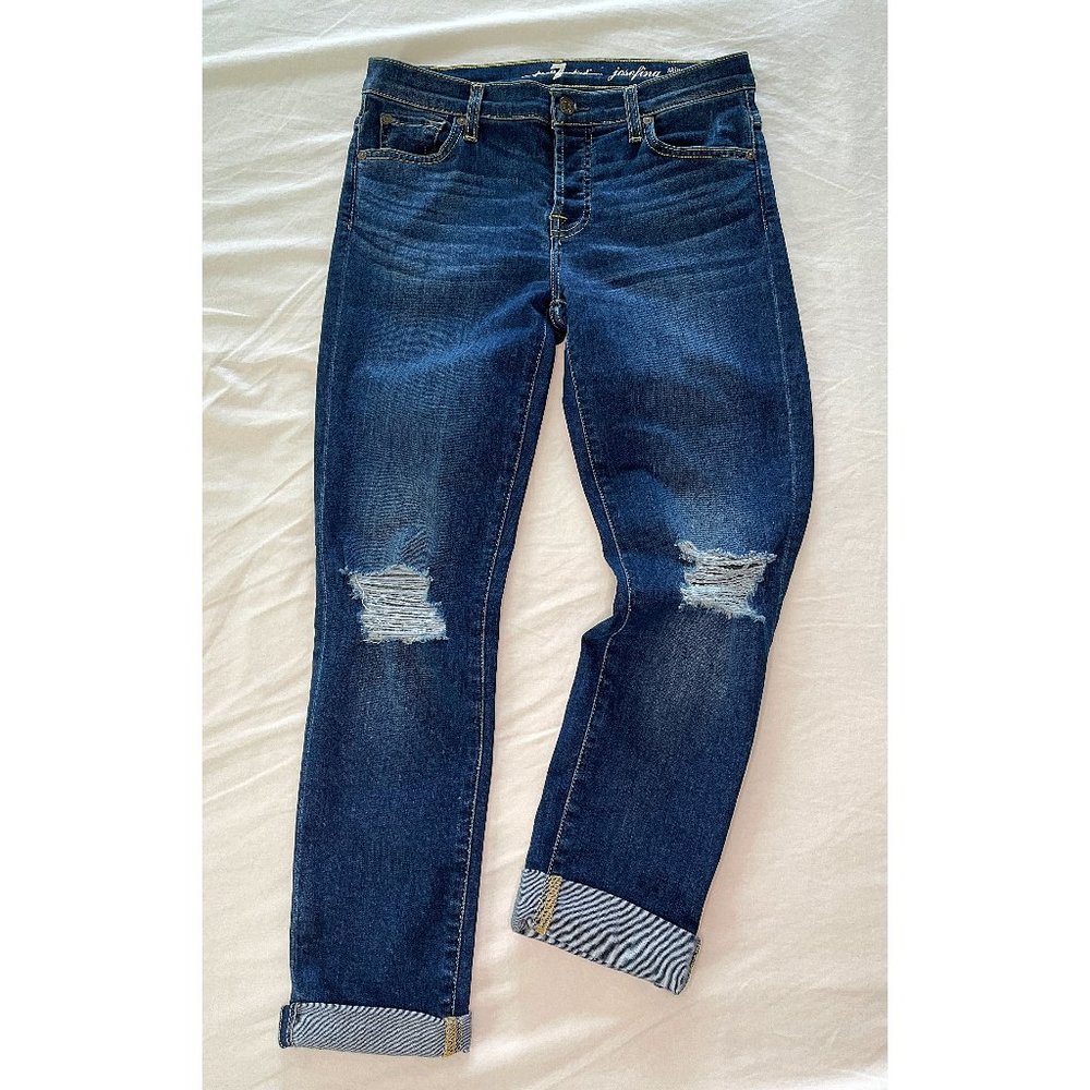 7 for All Mankind Josefina Boyfriend Jeans Med/Dark Wash Distressed Size 25